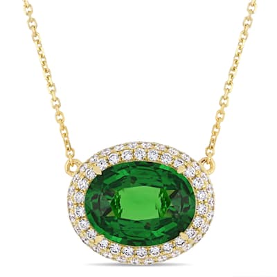 Miadora 14k Yellow Gold Tsavorite 3/4ct TDW Diamond Oval Halo Necklace