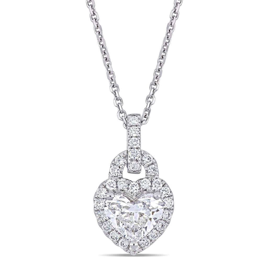 Miadora 14k White Gold 1 1/4ct TDW Diamond Heart Halo Dangle Necklace