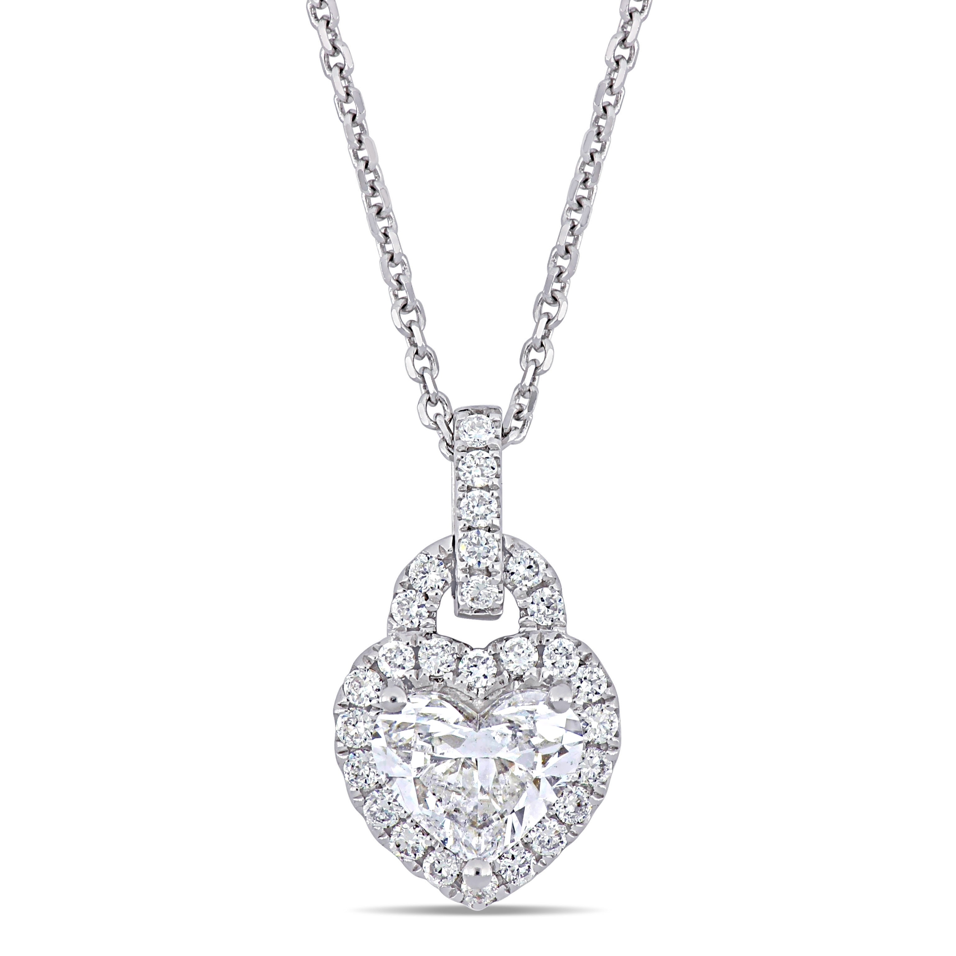 Miadora 14k White Gold 1 1/4ct TDW Diamond Heart Halo Dangle Necklace