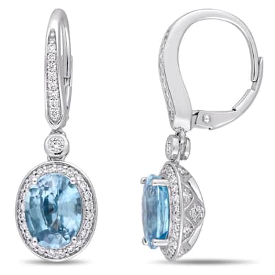 Miadora 14k White Gold 3/4ct TDW Diamond and Blue Zircon Halo Dangle Earrings