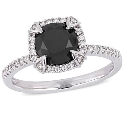 Miadora 10k White Gold 2ct TDW Black and White Diamond Halo Engagement Ring