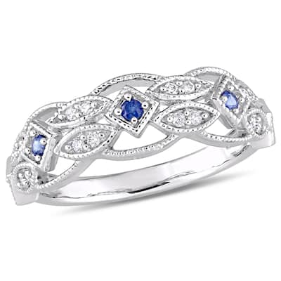 Miadora 10k White Gold Sapphire and 1/8ct TDW Diamond Vintage-Inspired Band