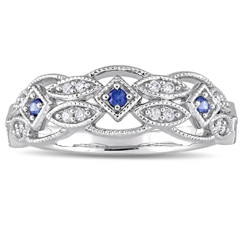 Miadora 10k White Gold Sapphire and 1/8ct TDW Diamond Vintage-Inspired Band