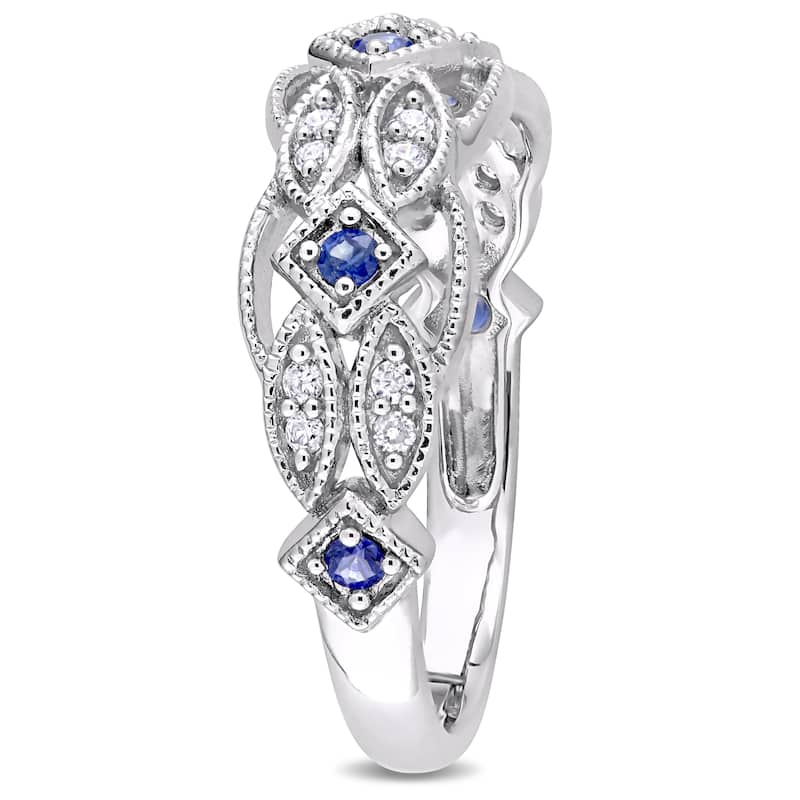 Miadora 10k White Gold Sapphire and 1/8ct TDW Diamond Vintage-Inspired Band