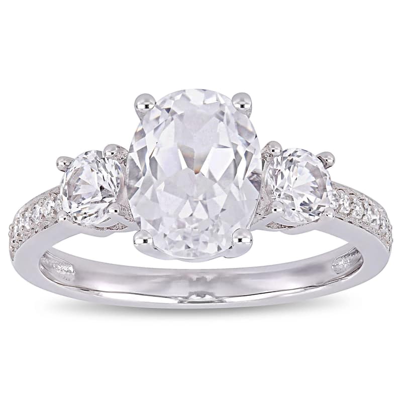 Miadora 10k White Gold Created White Sapphire & Diamond 3-Stone Engagement Ring