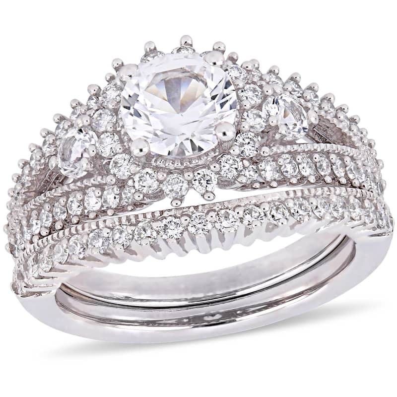 Miadora 10k White Gold Created White Sapphire and 4/5ct TDW Diamond Bridal Ring Set