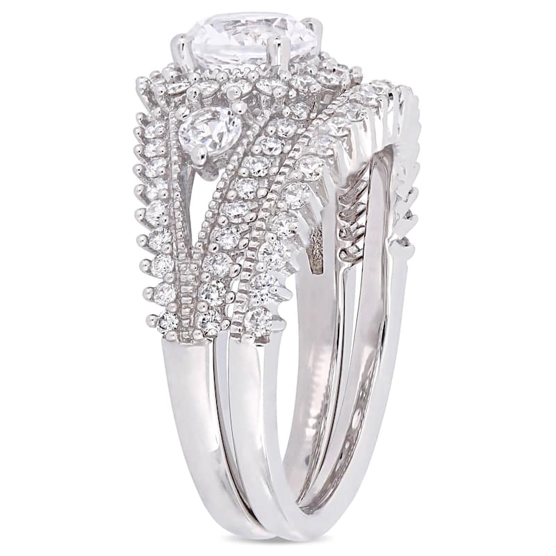 Miadora 10k White Gold Created White Sapphire and 4/5ct TDW Diamond Bridal Ring Set