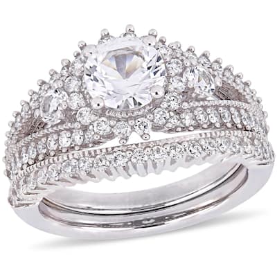 Miadora 10k White Gold Created White Sapphire and 4/5ct TDW Diamond Bridal Ring Set