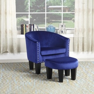 Overstock Best Quality Furniture Velvet Nailhead Barrel Chair with Ottoman (Navy Blue)