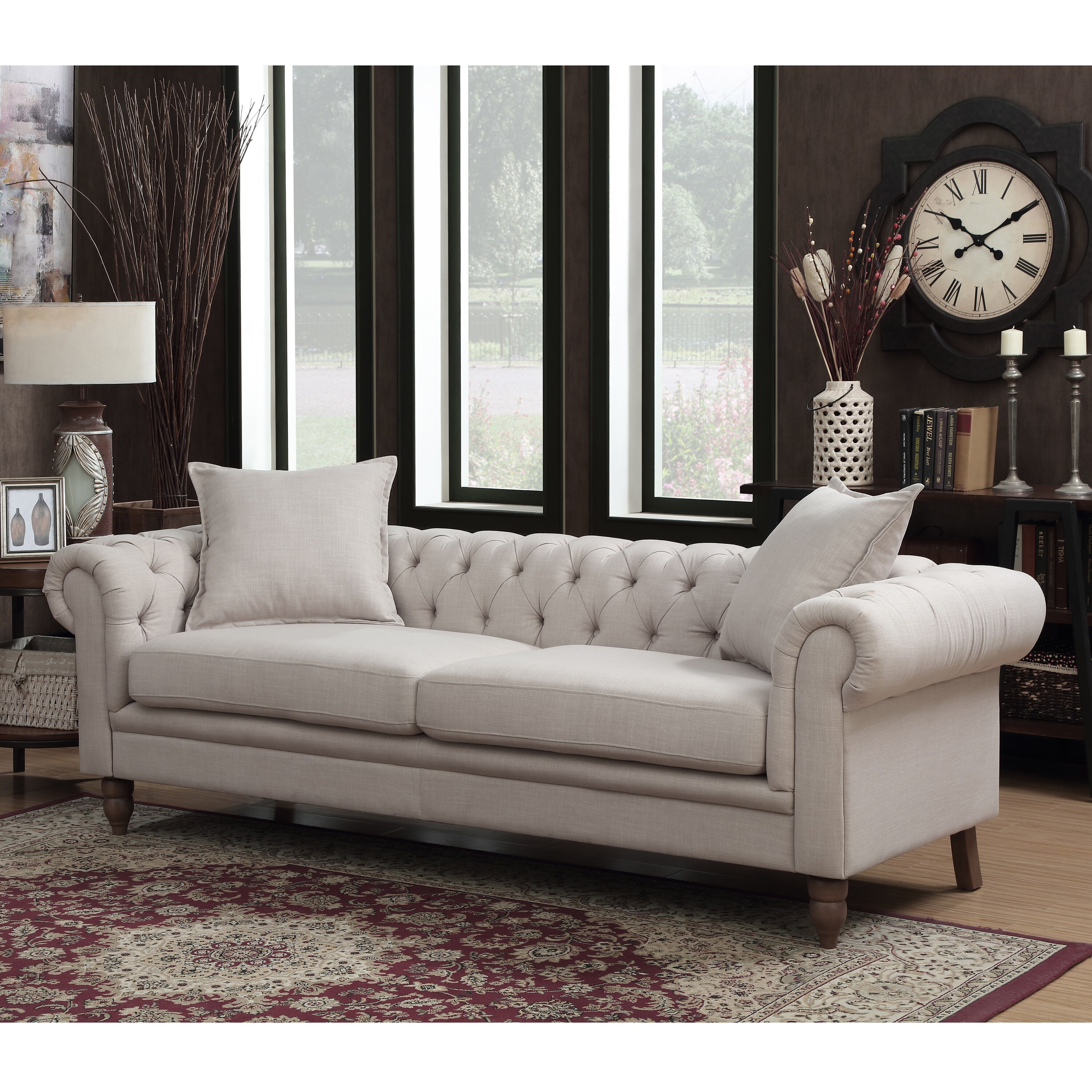 Gracewood Hollow Renault Small Tufted Beige Linen Fabric Sofa