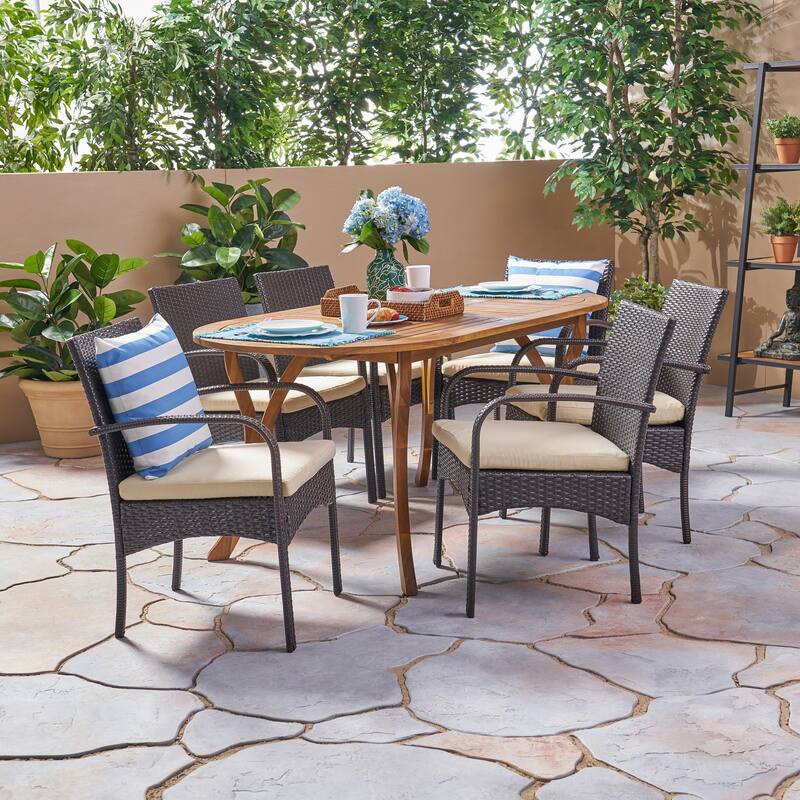 Mason Outdoor 7 Piece Acacia Wood and Wicker Dining Set by Christopher Knight Home
