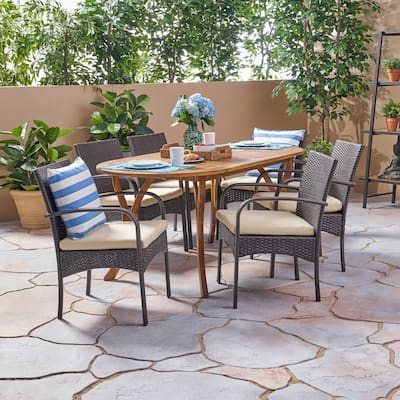 Mason Outdoor 7 Piece Acacia Wood and Wicker Dining Set by Christopher Knight Home