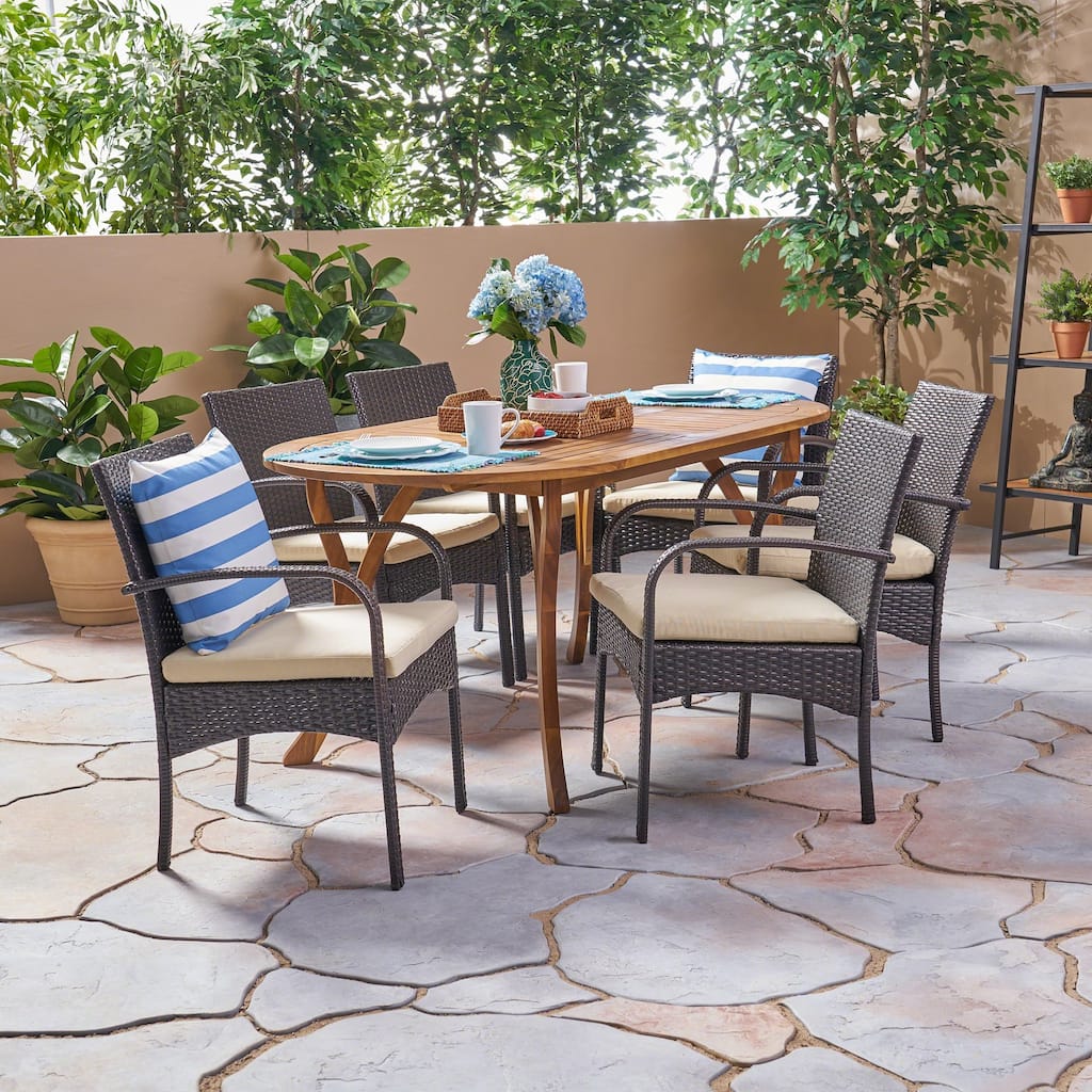Mason Outdoor 7 Piece Acacia Wood and Wicker Dining Set by Christopher Knight Home