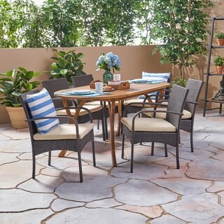 Mason Outdoor 7 Piece Acacia Wood and Wicker Dining Set by Christopher Knight Home