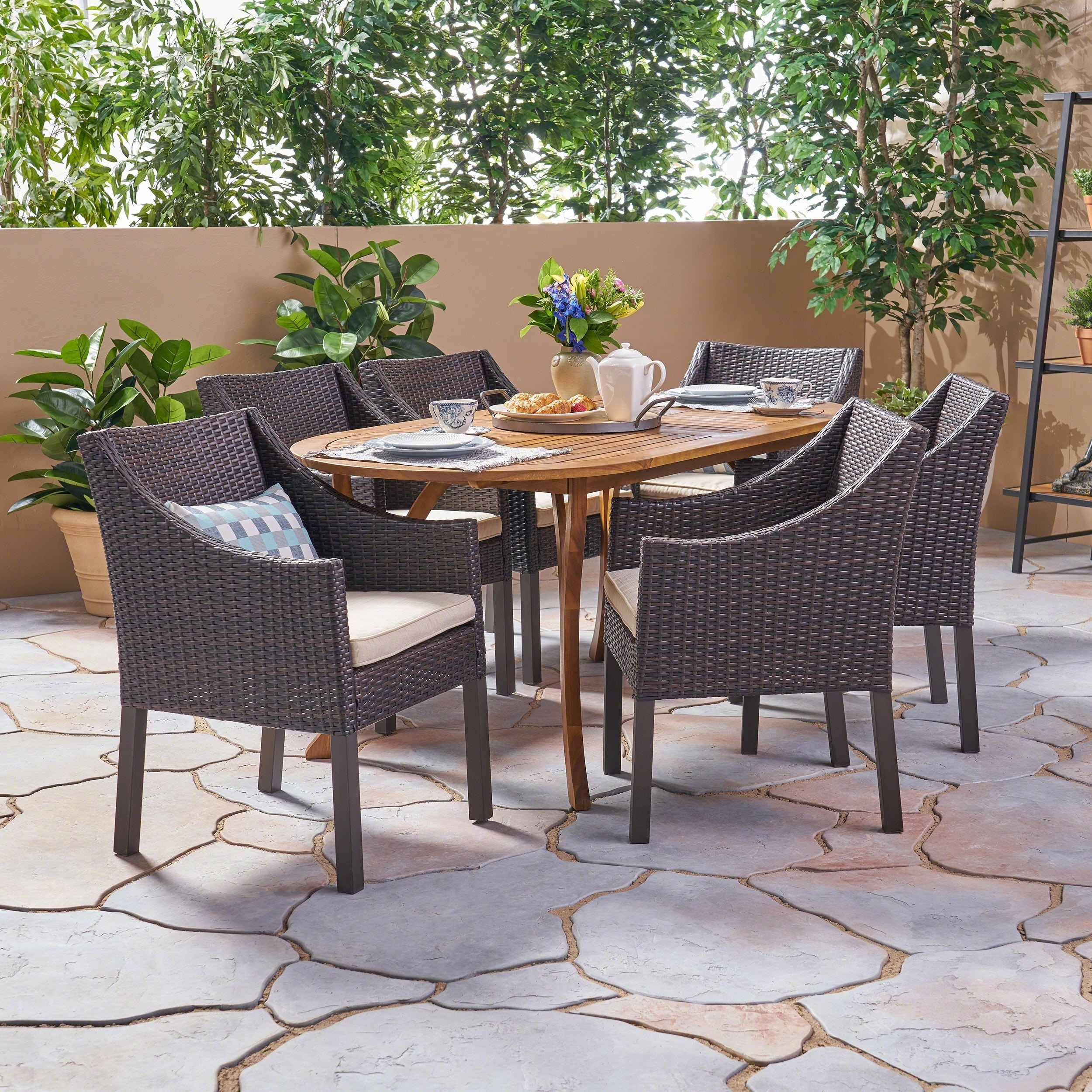 Wood and wicker outdoor dining online set