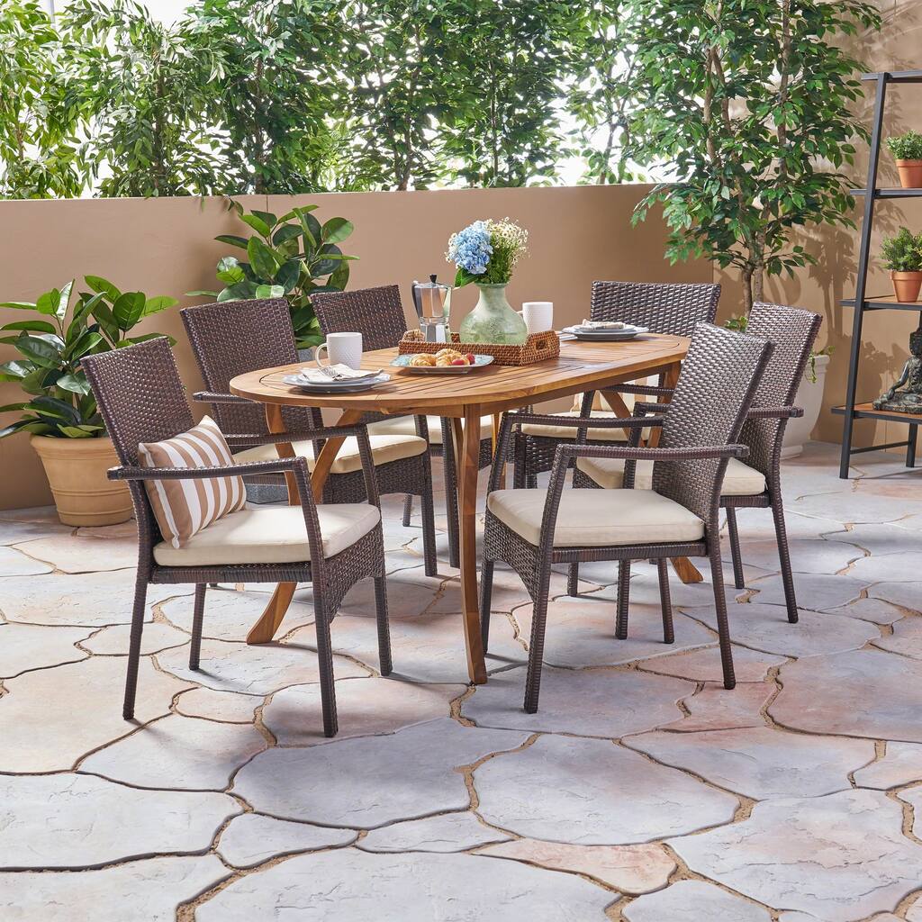 Landon Outdoor 7 Piece Acacia Wood and Wicker Dining Set by Christopher Knight Home