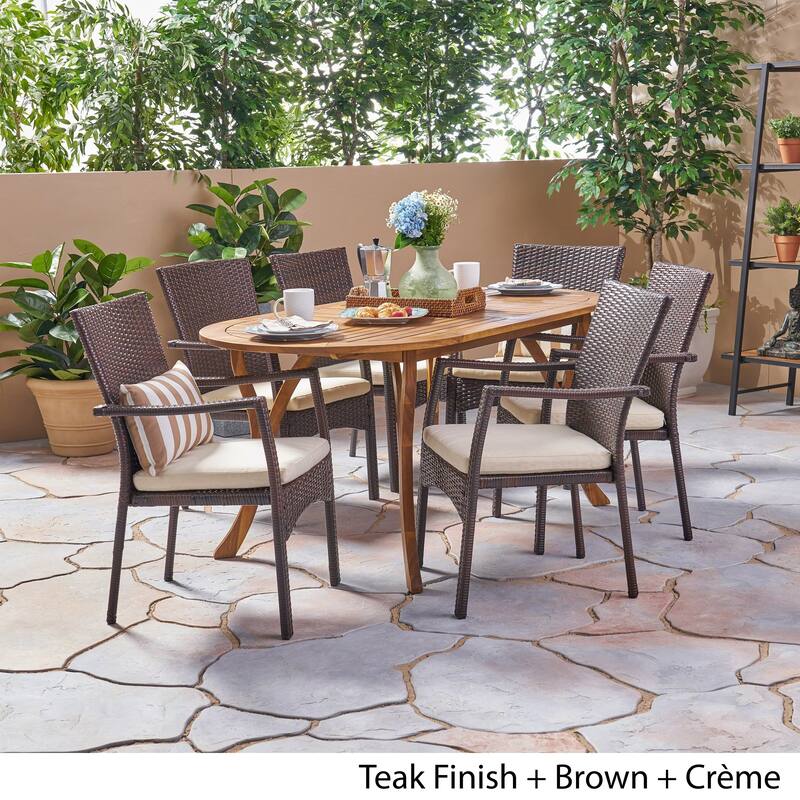 Landon Outdoor 7 Piece Acacia Wood and Wicker Dining Set by Christopher Knight Home