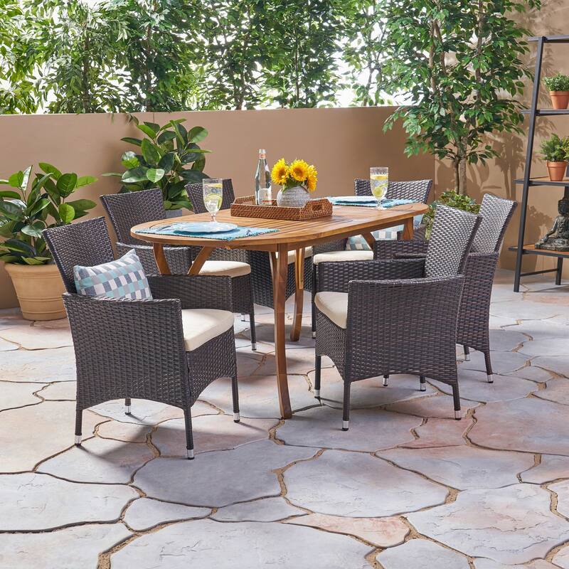 Wyatt Outdoor 7 Piece Acacia Wood and Wicker Dining Set by Christopher Knight Home