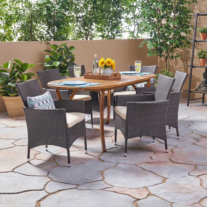 Wyatt Outdoor 7 Piece Acacia Wood and Wicker Dining Set by Christopher Knight Home - teak finish + multi brown+ beige cushion