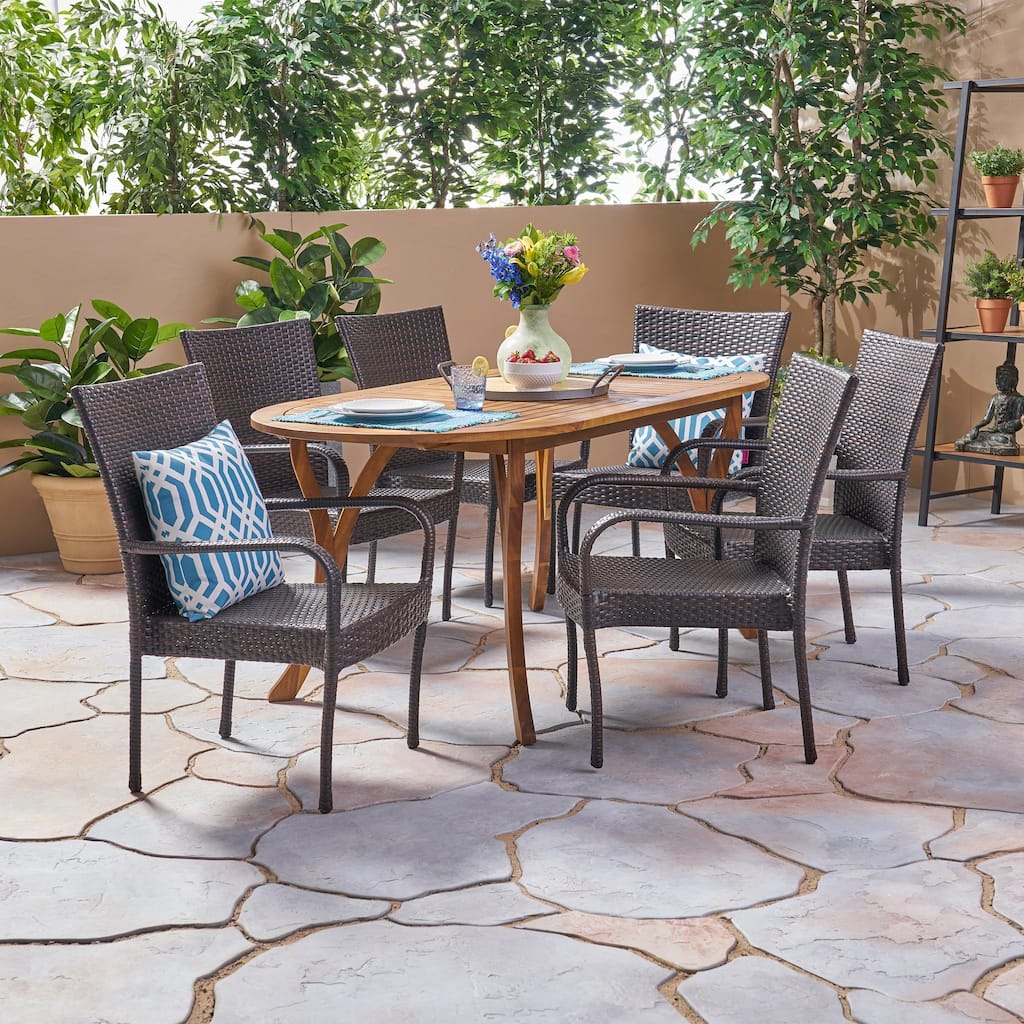 Jasper Outdoor 7 Piece Acacia Wood and Wicker Dining Set by Christopher Knight Home