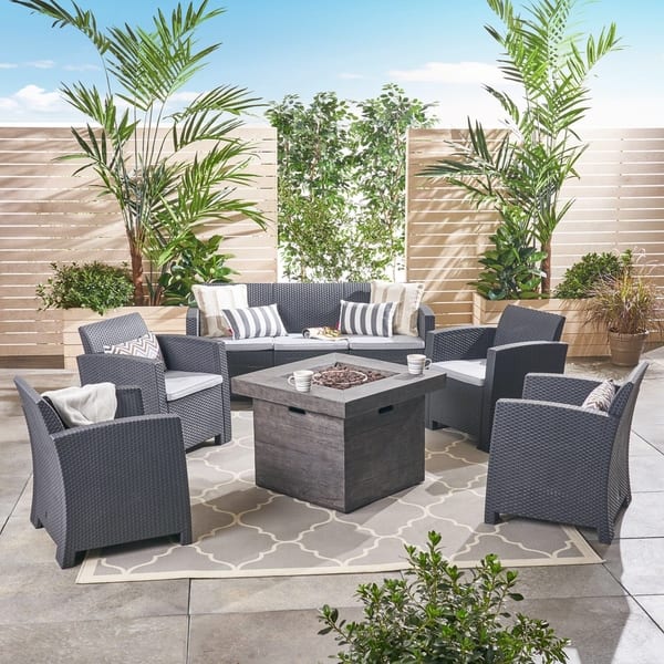 slide 1 of 11, Selway Outdoor 7-Seater Chat Set with Fire Pit by Christopher Knight Home gray+light gray cushion