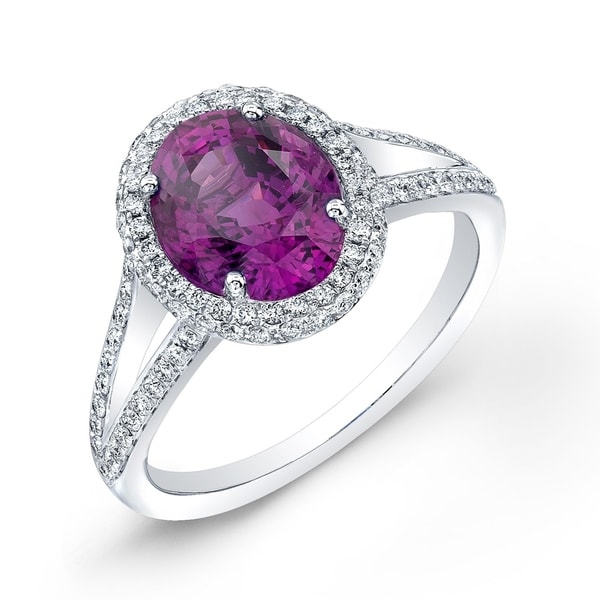 18K White Gold Pink Sapphire and Round Cut Diamond (0.42 ct. t.w) Halo Statement Ring, Size 7