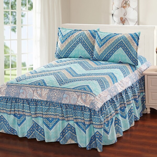 Hailey 3 Piece Bedspread Set With Attached Bed Skirt Blue Hailey 3 Piece Bedspread Set With Attached Bed Skirt Blue Chevron