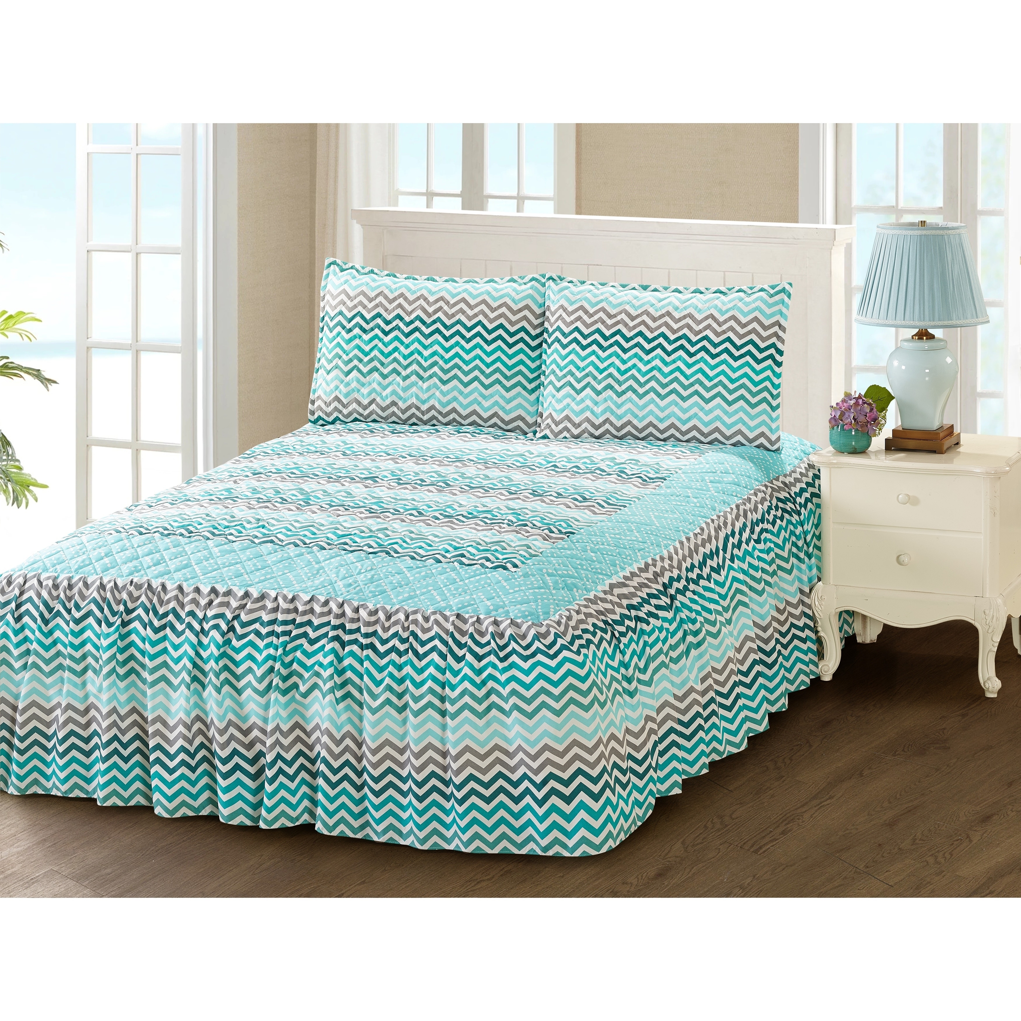 Khloe 3 Piece Bedspread Set With Attached Bed Skirt Aqua Zig Zag Multi Color Fl Khloe 3 Piece Bedspread Set With Attached Bed Skirt Aqua Zig Zag Multi Color Fl