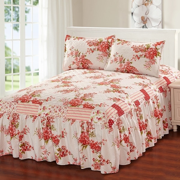 Khloe 3 Piece Bedspread Set With Attached Bed Skirt Khloe 3 Piece Bedspread Set With Attached Bed Skirt Strawberry