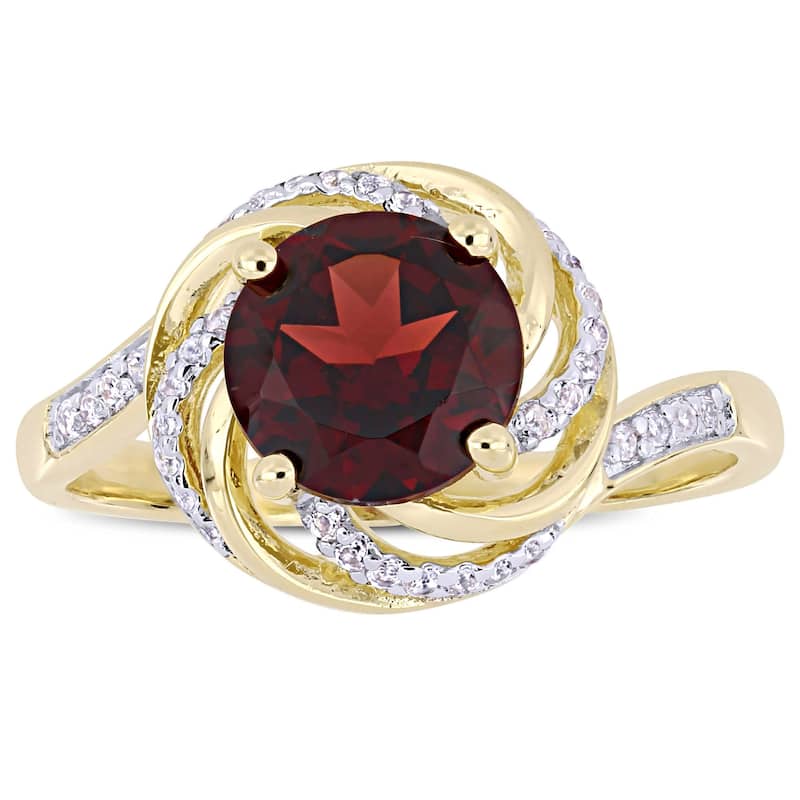 Miadora Yellow Plated Sterling Silver Garnet White Topaz & Diamond Swirl Halo Ring