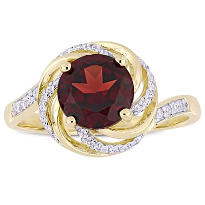 Miadora Yellow Plated Sterling Silver Garnet White Topaz & Diamond Swirl Halo Ring