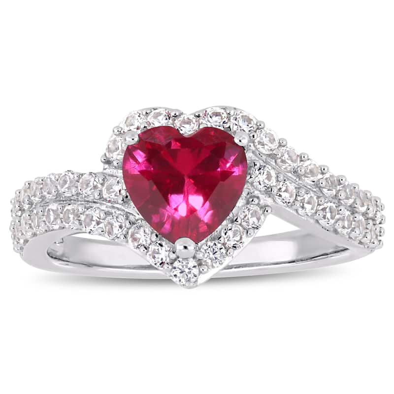 Miadora Sterling Silver Created Ruby and Created White Sapphire Heart Halo Ring