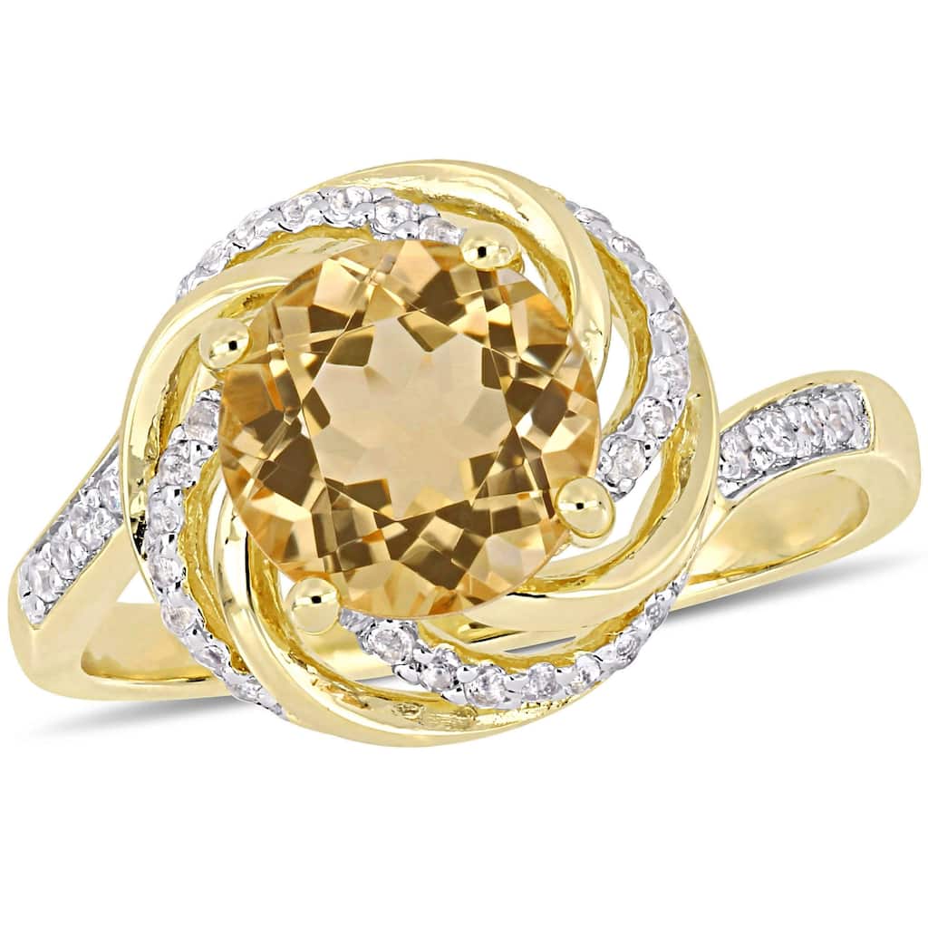 Miadora Yellow Plated Sterling Silver Citrine White Topaz & Diamond Swirl Halo Ring