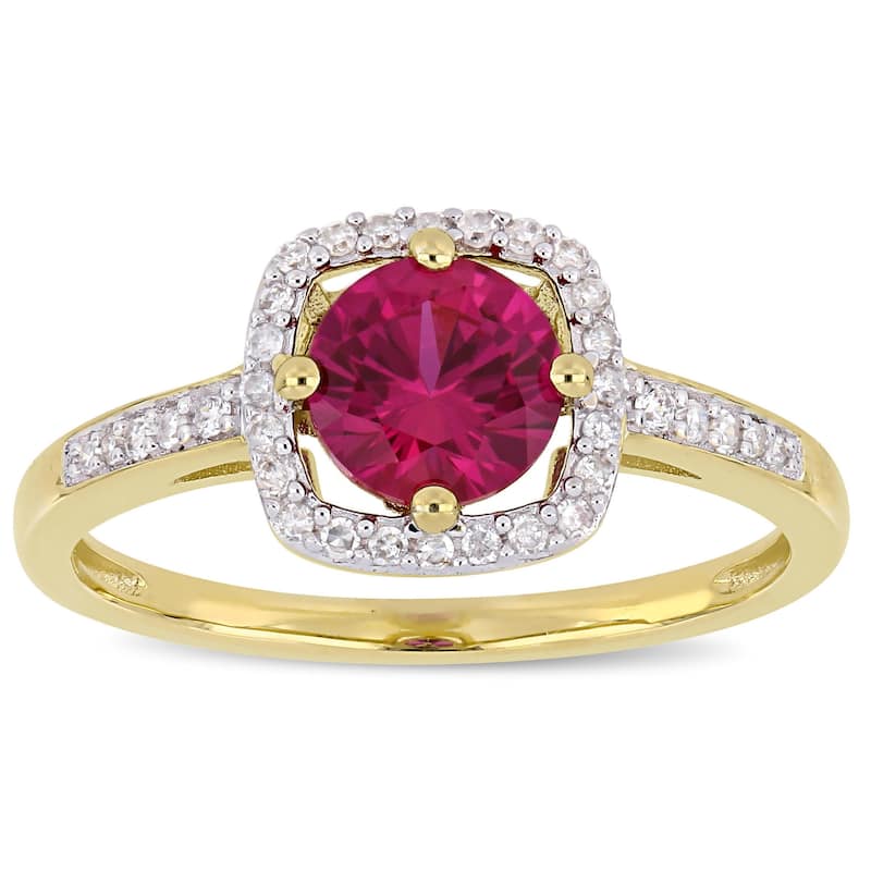Miadora 10k Yellow Gold Created Ruby and 1/7ct TDW Diamond Floating Square Halo Ring