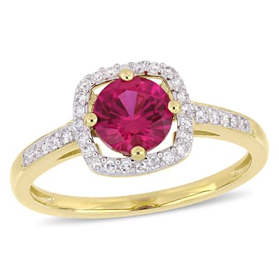 Miadora 10k Yellow Gold Created Ruby and 1/7ct TDW Diamond Floating Square Halo Ring