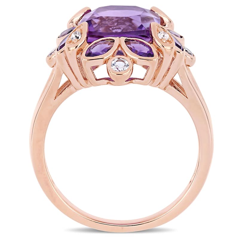 Miadora Rose Plated Sterling Silver Amethyst African-Amethyst and White Topaz Floral Halo Ring