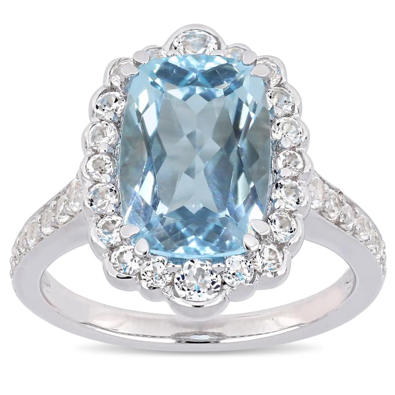 Miadora Sterling Silver Sky-Blue and White Topaz Halo Cocktail Ring