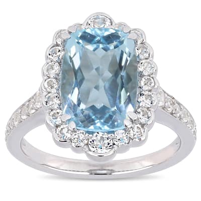 Miadora Sterling Silver Sky-Blue and White Topaz Halo Cocktail Ring