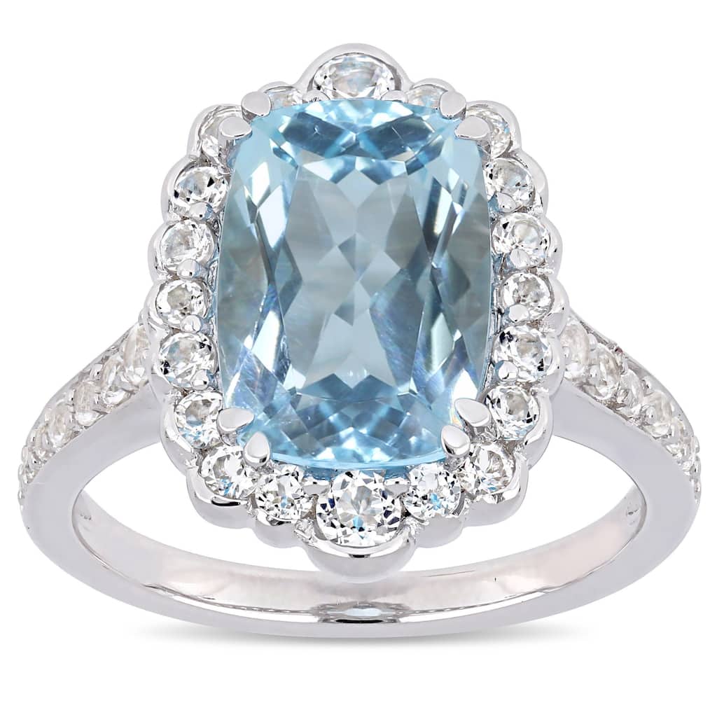 Miadora Sterling Silver Sky-Blue and White Topaz Halo Cocktail Ring
