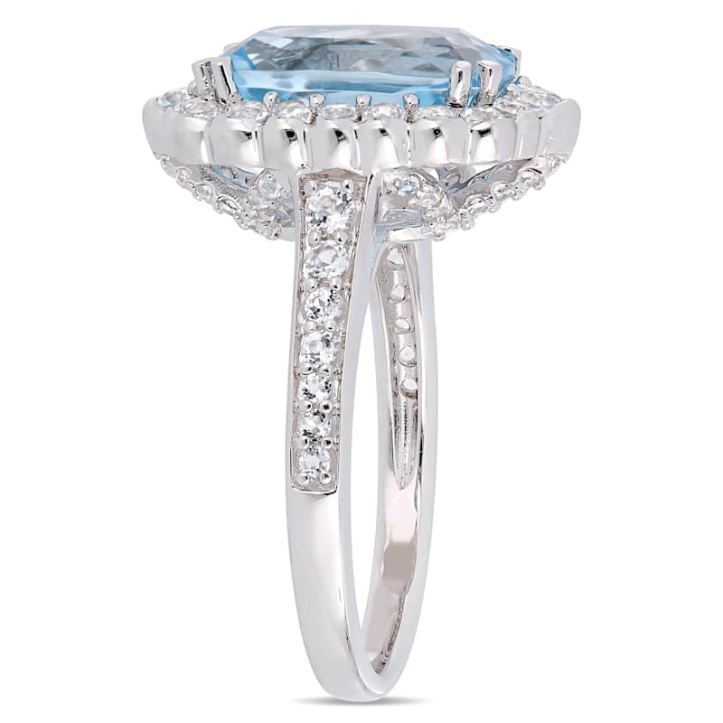 Miadora Sterling Silver Sky-Blue and White Topaz Halo Cocktail Ring