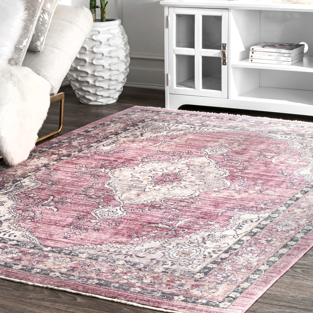 Nuloom Pink Classical Persian Katia Ornamental Cameo Framing Garden Border Area Rug