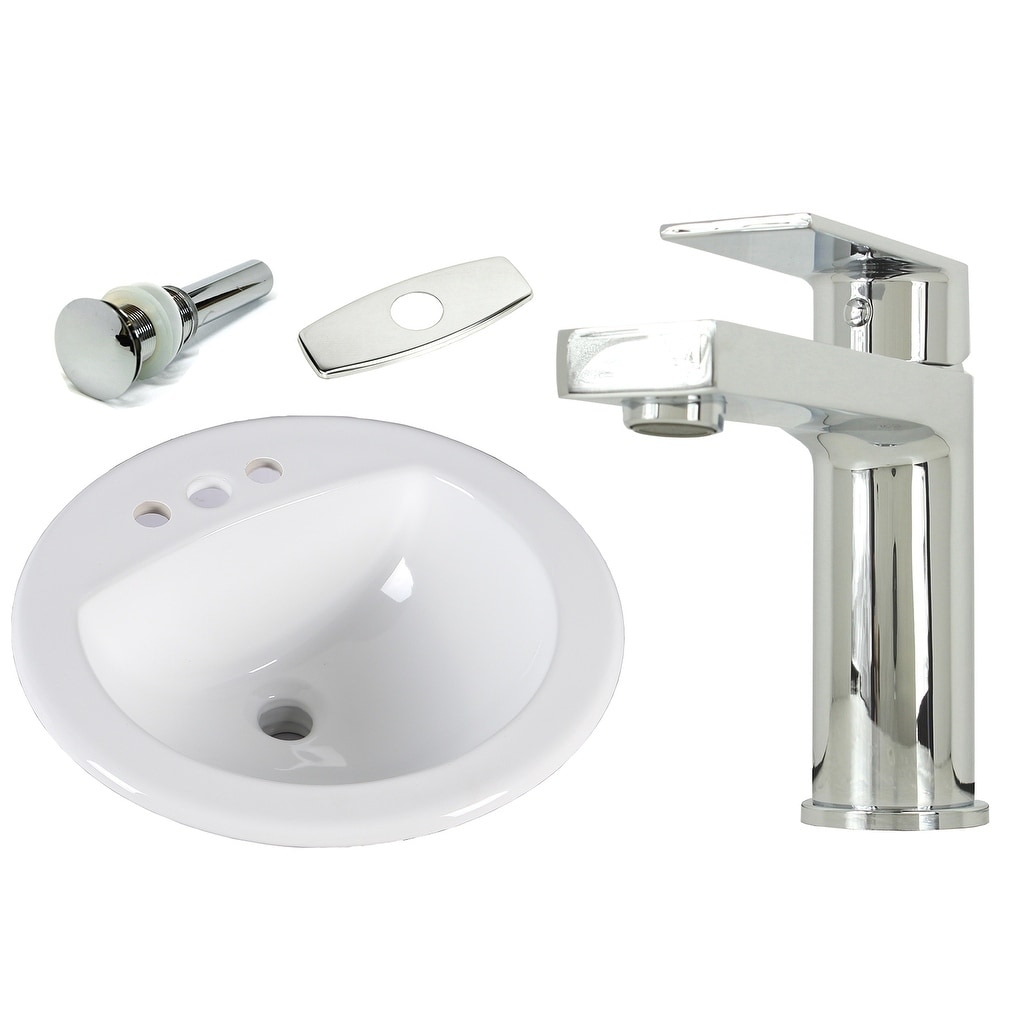 19 Inch Round Topmount Drop In Ceramic Sink Polish Chrome Bathroom Faucet Combo