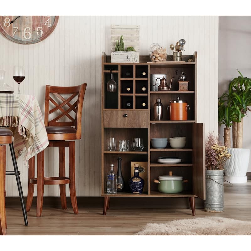Eiken Mid-Century Modern Distressed Walnut Multi-Storage Freestanding Mini Bar by Carson Carrington