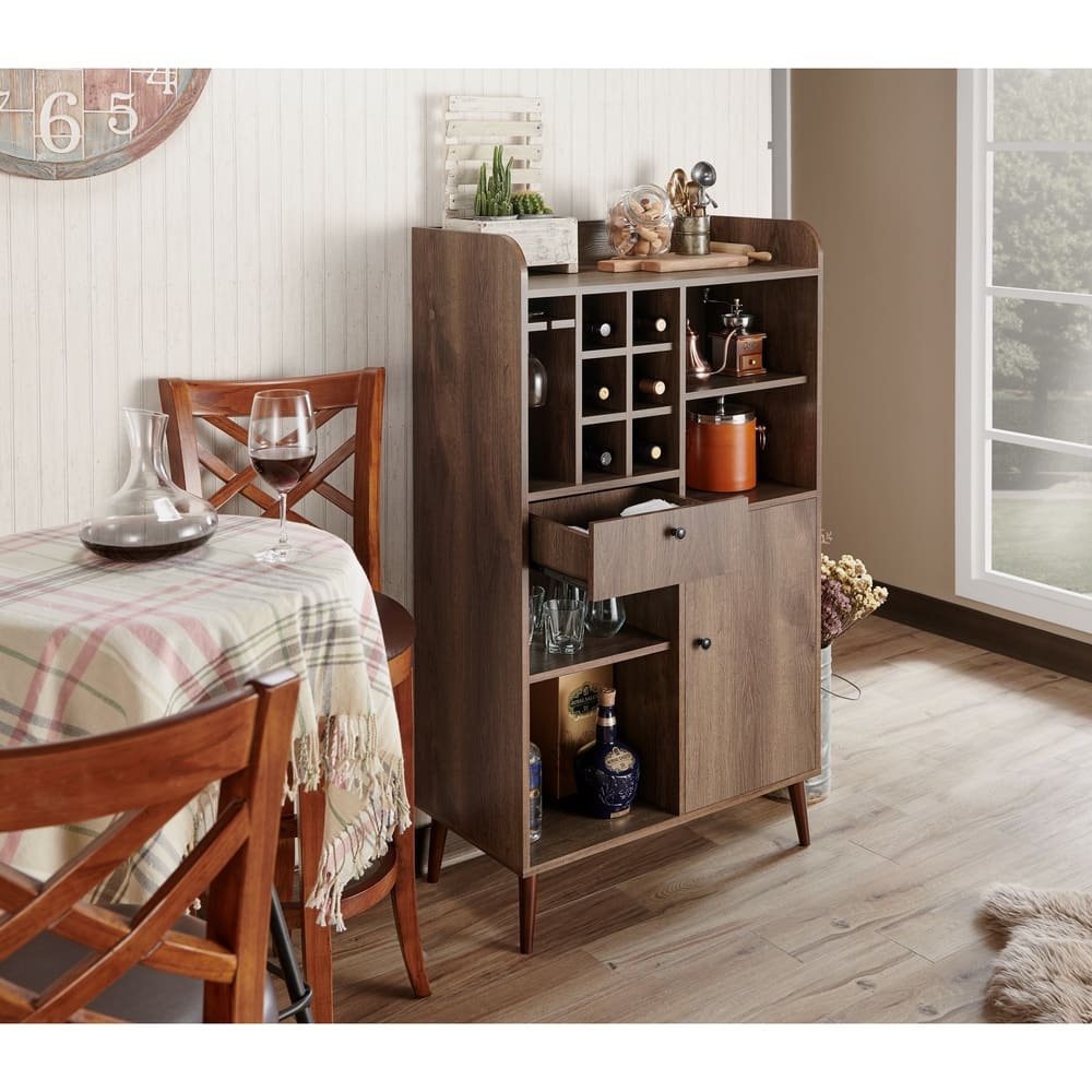 Eiken Mid-Century Modern Distressed Walnut Multi-Storage Freestanding Mini Bar by Carson Carrington