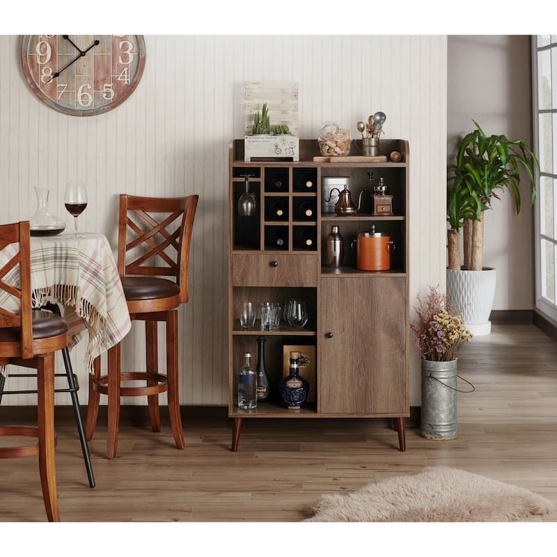 Eiken Mid-Century Modern Distressed Walnut Multi-Storage Freestanding Mini Bar by Carson Carrington