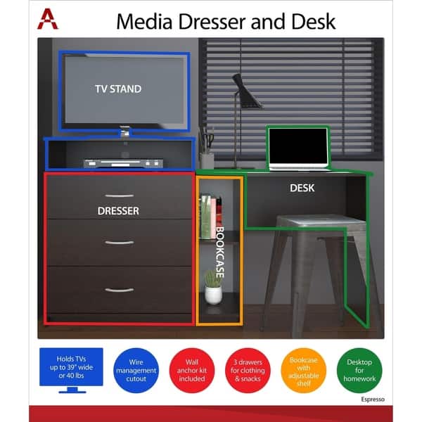 Shop Porch Den Alyssa Espresso 3 In 1 Media Dresser And Desk