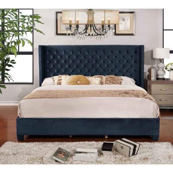 Shop King Velvet Upholstered Button Tufted Footboard Rails Blue