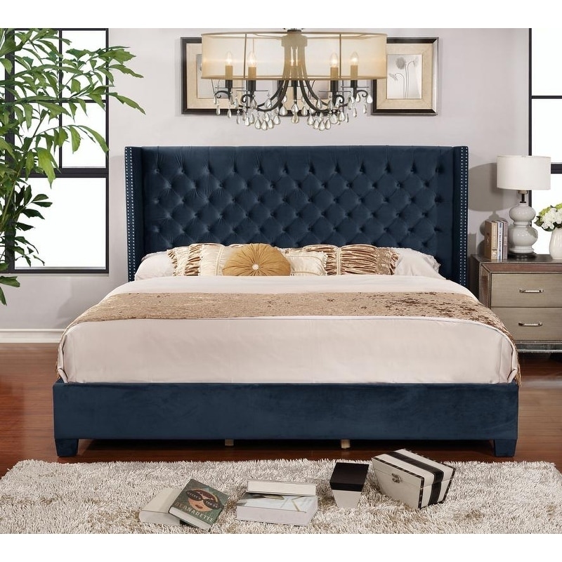 Queen Velvet Upholstered Button Tufted Wingback Bed Set Blue