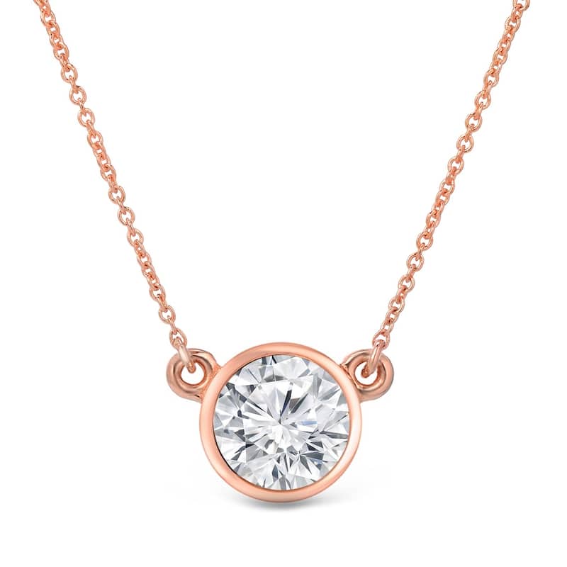 Auriya 14k Gold 1 1/2ctw Solitaire Moissanite Necklace Bezel-set - 7.4 mm - 7.4 mm - Rose