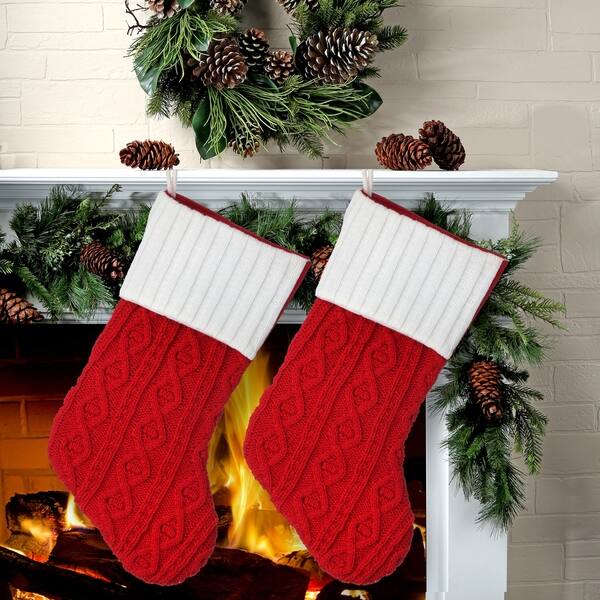 20 Red Cable Knit With White Cuff Stocking 2 Piece Set 20 Red Cable Knit With White Cuff Stocking 2 Piece Set